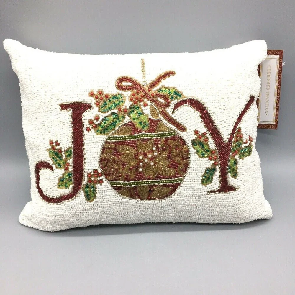 x2 Christmas JOY Holiday Beaded Throw Pillow Set Ornament Holly Berries Decor